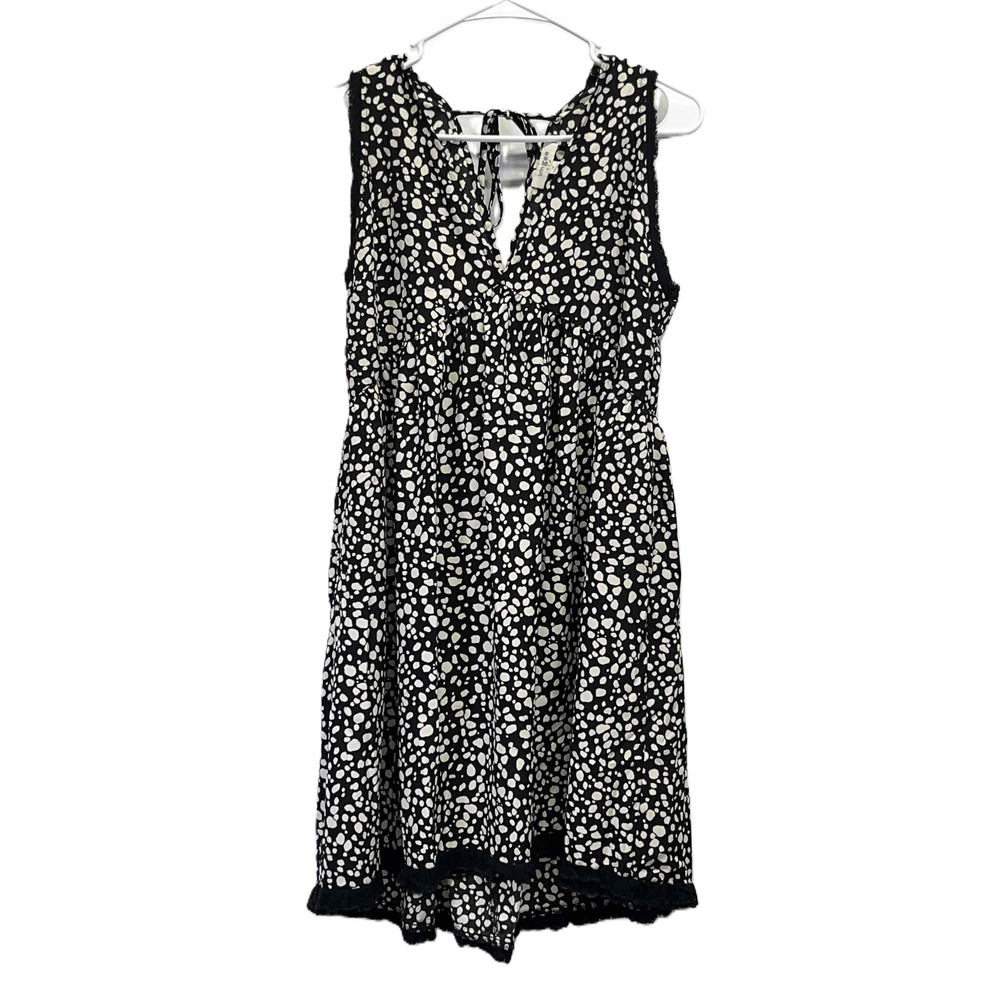 Umgee Sleeveless White Black Animal Print‎ Open Back Fringe Tank Dress Medium